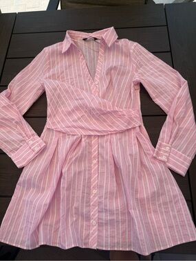 Zara Pink and White Striped Mini Shirt Dress